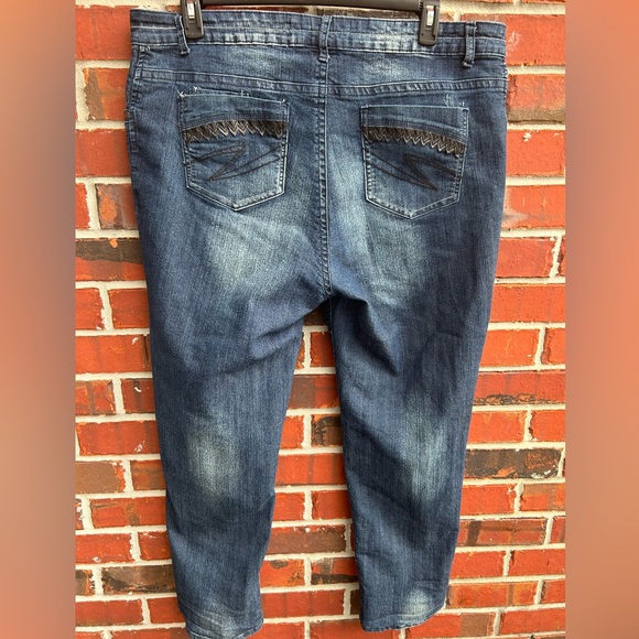 Hot Swag Women’s Blue Denim Jeans with Patches Tapered Leg Size 22W 2% Spandex - Picture 3 of 7